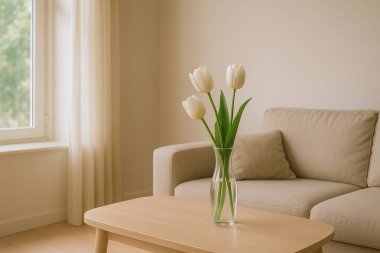 Kapalı alanlarda baharın huzurlu güzelliğini yakalamak: Beyaz laleler rahat bir yaşam alanına doğanın ve ışığın dokunuşunu getirir.