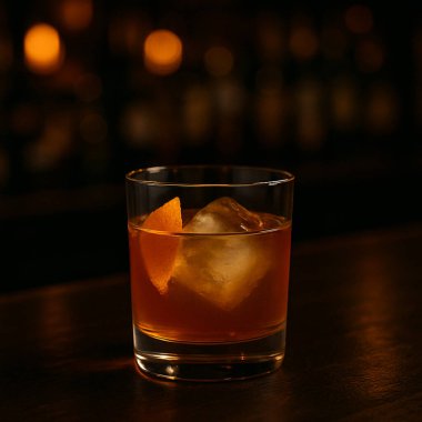  Klasik Negroni kokteyli. Buzlu, portakal rengi bir karışım. Sıcak mum ışığında parıldıyor..