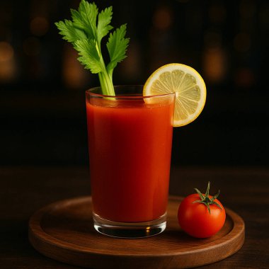 Klasik Bloody Mary kokteyli. Taze kereviz sapı ve limon dilimiyle süslenmiş. Tahta tepside servis edilmiş..