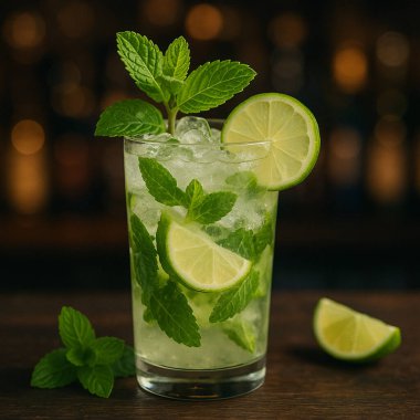  Ezilmiş buz, taze nane yaprakları ve limon dilimleri ile mojito kokteyli ferahlatıcı bir tropikal klasik..