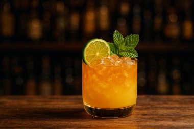  Ezilmiş buz, limon dilimi ve taze naneli tropik Mai Tai kokteyli. Bardakta servis edilen ferahlatıcı bir kaçış..