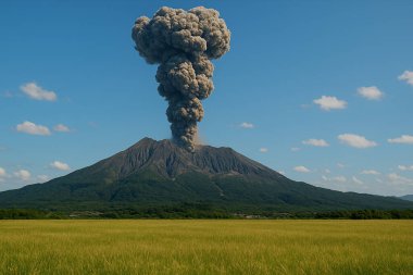 Bir volkanın dramatik ve güçlü patlaması, devasa bir kül ve duman bulutunu, sakin bir su kütlesi ve yemyeşil yamaçlar üzerinde gökyüzüne gönderir. Doğanın muazzam gücüne şahit olmak.