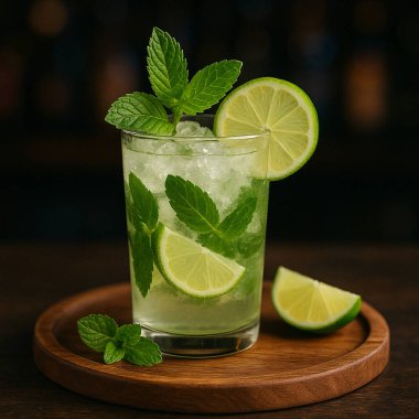  Ezilmiş buz, taze nane yaprakları ve limon dilimleri ile mojito kokteyli ferahlatıcı bir tropikal klasik..