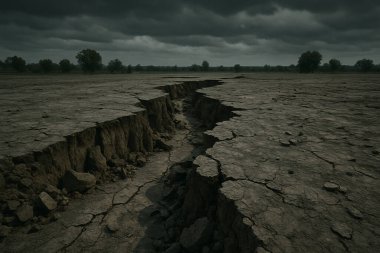 Büyük, derin bir çatlak topraktan geçerek kavrulmuş araziyi ikiye bölüyor. Sahne şiddetli kuraklığı ya da deprem gibi önemli bir jeolojik olayın sonucunu gösteriyor..