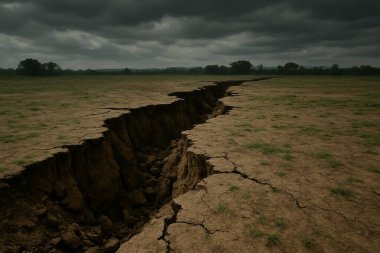 Büyük, derin bir çatlak topraktan geçerek kavrulmuş araziyi ikiye bölüyor. Sahne şiddetli kuraklığı ya da deprem gibi önemli bir jeolojik olayın sonucunu gösteriyor..