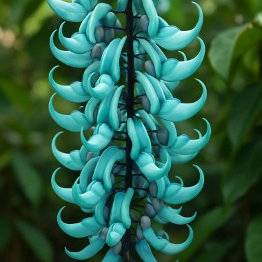 Nadir ve egzotik bir yeşim asma çiçeğinin (Strongylodon makrobotrys) yakın çekimi, tropikal bir ormanda canlı turkuaz taç yapraklarını sergiliyor.