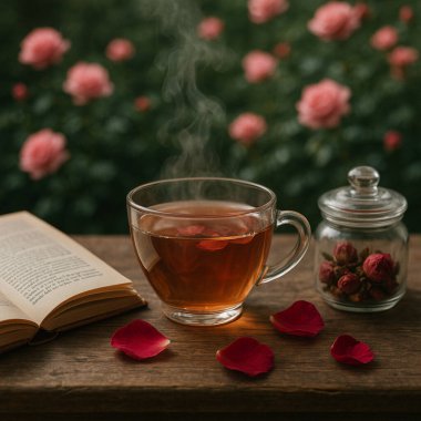 Kırsal bir masa üzerinde yaprakları olan buharlı bir bardak gül çayı, açık bir kitap ve kurumuş güller eşliğinde, çiçek açan bir gül bahçesine kurulmuş, sakin ve romantik bir anın mükemmel bir anı..