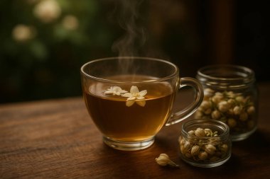 Tatlı kurabiyeler ve taze yasemin çiçekleriyle kokulu yasemin çayı eşliğinde huzurlu bir an. Sıcak bir sabah ya da huzurlu bir öğleden sonra için mükemmel.