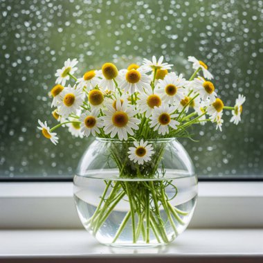 Yuvarlak bir cam vazoda, camında yağmur damlaları olan bir pencere kenarına yerleştirilmiş, beyaz ve sarı papatya buketi ya da papatya çiçekleri taze ve rahatlatıcı bir atmosfer yaratır.