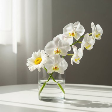 Beyaz orkidelerin zarif bir düzeni ve cam bir vazoda tek bir papatya, doğal ışıkla aydınlatılmış, klasik bir kitabın yanında, sakin ve zarif bir hayat yaratıyor..