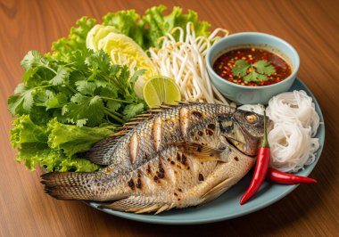 Otantik Thai 'Miang Pla Pao' - Taze sebze, pirinç vermicelli erişte ve baharatlı deniz ürünleri sosu ile servis edilen ızgara tilapia, popüler ve sağlıklı bir sokak yemeği.