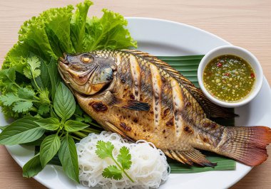 Otantik Thai 'Miang Pla Pao' - Taze sebze, pirinç vermicelli erişte ve baharatlı deniz ürünleri sosu ile servis edilen ızgara tilapia, popüler ve sağlıklı bir sokak yemeği.