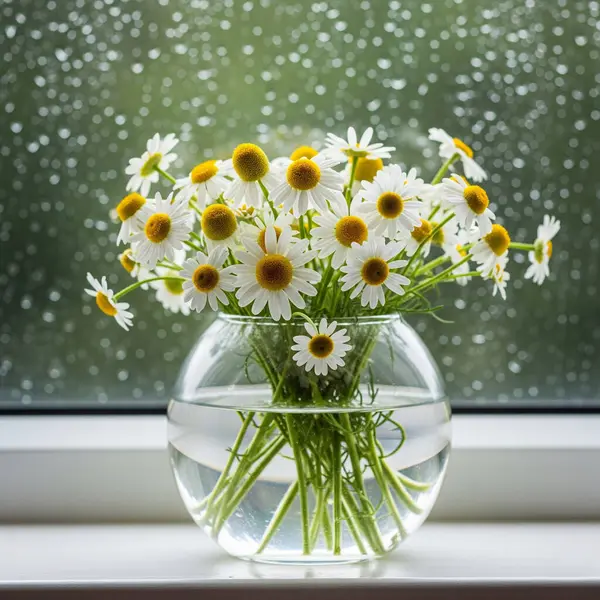 Yuvarlak bir cam vazoda, camında yağmur damlaları olan bir pencere kenarına yerleştirilmiş, beyaz ve sarı papatya buketi ya da papatya çiçekleri taze ve rahatlatıcı bir atmosfer yaratır.