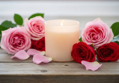 Canlı pembe ve kırmızı güllerle çevrili yüzen minyatür gül yapraklarından oluşan güzel bir mum, rahatlama, spa ya da özel durumlar için mükemmel romantik ve lüks bir ortam yaratıyor..