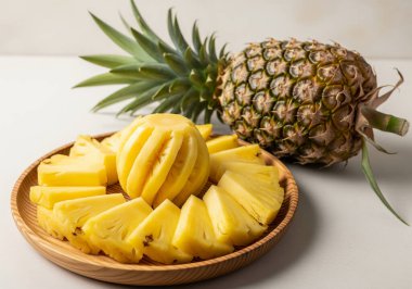 Taze, soyulmuş ve dilimlenmiş ananas parçalarıyla dolu ahşap bir tabak, arka planda bütün bir ananas, rustik ahşap bir masa üzerine kurulmuş..