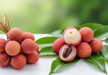  Canlı yeşil yaprakları olan taze toplanmış lychees 'ler sulu beyaz derilerini ve karakteristik kırmızı derilerini sergiliyorlar, eğlenmeye hazırlar..