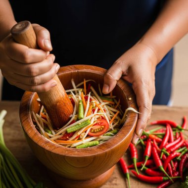 Geleneksel Tayland som tum (papaya salatası), otantik Güneydoğu Asya mutfağının sergilendiği ahşap bir havan ve tokmağın içinde hazırlanıyor..