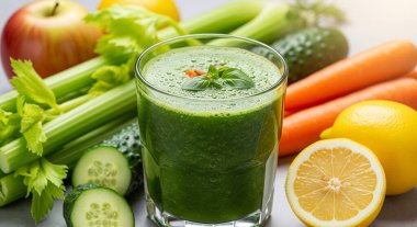 Sağlıklı bir yaşam tarzı için detoks içeceği: Doğal bileşenleri etrafında sergilenen ferahlatıcı yeşil bir içecek.