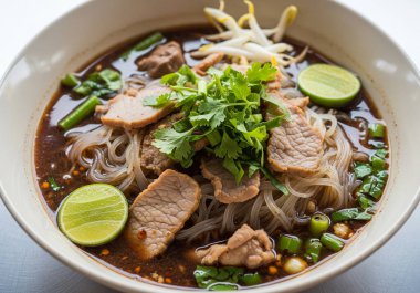 Dilimlenmiş domuz eti, et, köfte, fasulye filizi ve taze otlar ve çıtır sarımsak ile süslenmiş, zengin, koyu renk bir çorbanın içindeki sabah zaferiyle dolu canlı bir kase otantik Tayland eriştesi (Guay Teow Rua)..