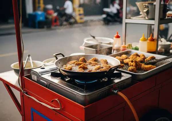 Tavuk kanatları, hareketli bir sokak yiyecek tezgahında büyük bir tavada altın çıtır çıtır kızartılarak canlı Asya mutfağı kültürüne umut verici bir bakış sunuyor..