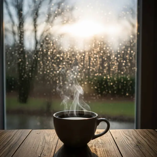 Yağmurlu gün tesellisi: Sıcak bir içeceğin keyfini çıkarmak, pencere camından süzülen yağmur damlaları, barışçıl ve iç gözlemci bir atmosfer yaratıyor..