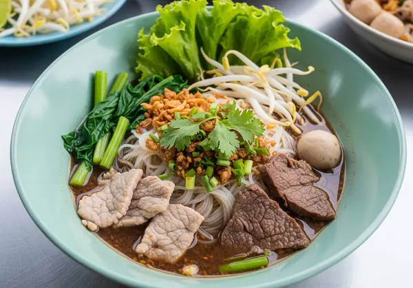 Dilimlenmiş domuz eti, et, köfte, fasulye filizi ve taze otlar ve çıtır sarımsak ile süslenmiş, zengin, koyu renk bir çorbanın içindeki sabah zaferiyle dolu canlı bir kase otantik Tayland eriştesi (Guay Teow Rua)..
