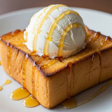 Lezzetli ballı tost tatlısında iki top kremalı vanilyalı dondurma bol bol altın bal serpiştirilmiş, baştan çıkarıcı ve tatlı bir ziyafet yaratıyor..