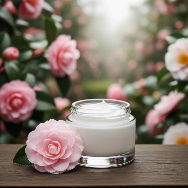 Çiçekli aksanlı beyaz krema ürünü, renkli bahar çiçeklerinin arasında.