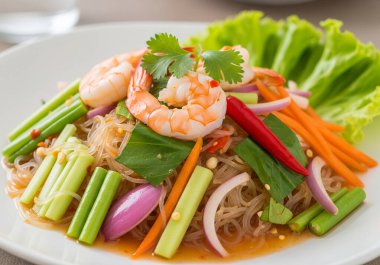  Taze karides, havuç, kereviz, kırmızı soğan ve kırmızı biberli taze ve baharatlı Tayland Bardak Erişte Salatası (Yum Woon Sen), kişniş ve marulla süslenmiş, beyaz bir tabakta servis edilir..