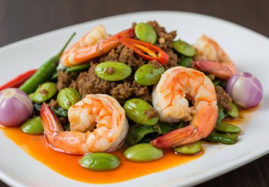  Acı Fasulyeli Baharatlı Tayland Karidesi (Sataw Pad Goong), beyaz bir tabakta servis edilen dolgun karidesler, keskin sataw fasulyeleri, acılı fasulyeler ve aromalı arpacık soğanları..