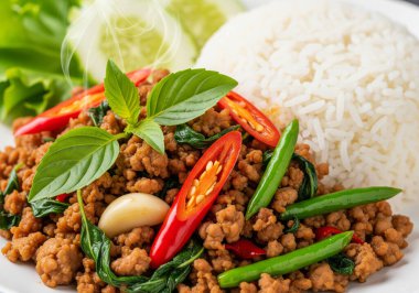 Lezzetli bir tabak Pad Krapow Gai, Tayland usulü kızarmış tavuk, kutsal fesleğen ve biberden yapılmış, buharda pişirilmiş yasemin pirinçle servis edilen bir tabak.