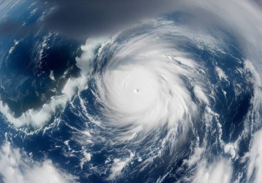 Uzaydan görülebildiği gibi okyanusta dönen güçlü bir kasırga. Merkezinde belirgin bir göz var. Doğanın muazzam gücünü vurguluyor.