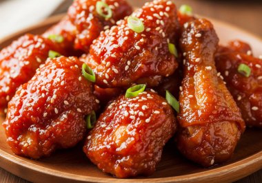 Baharatlı ve çıtır çıtır Kore usulü tavuk kanadı, gochujang bazlı sosla kaplanmış ve susam tohumları ve yeşil soğan serpiştirilmiş. Lezzetli ve popüler bir yemek.