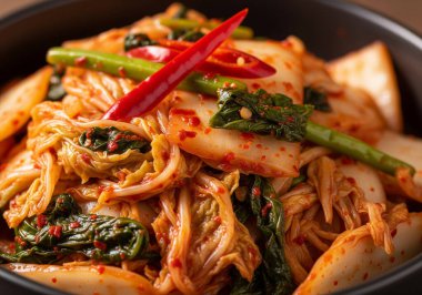 Geleneksel Kore Kimchi 'si, fermente edilmiş bir süper yiyecek, taze sebzeler ve baharatlı bir tekmeyle dolu. Sağlıklı beslenme ve otantik Asya mutfağının altını çizmek.