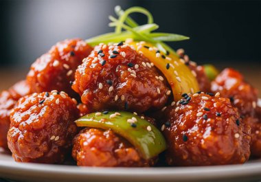 Baharatlı ve çıtır çıtır Kore usulü tavuk kanadı, gochujang bazlı sosla kaplanmış ve susam tohumları ve yeşil soğan serpiştirilmiş. Lezzetli ve popüler bir yemek.