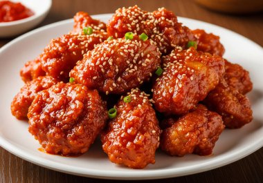 Baharatlı ve çıtır çıtır Kore usulü tavuk kanadı, gochujang bazlı sosla kaplanmış ve susam tohumları ve yeşil soğan serpiştirilmiş. Lezzetli ve popüler bir yemek.