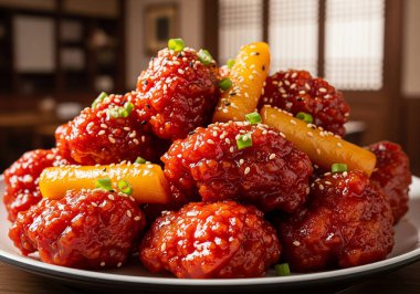 Baharatlı ve çıtır çıtır Kore usulü tavuk kanadı, gochujang bazlı sosla kaplanmış ve susam tohumları ve yeşil soğan serpiştirilmiş. Lezzetli ve popüler bir yemek.