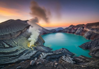 Şafak vakti aktif Kawah Ijen yanardağının dramatik panoramik görüntüsü, canlı turkuaz krater gölü, yükselen sülfürik dumanlar ve gün doğumunun nefes kesen gökyüzünün renkleri.