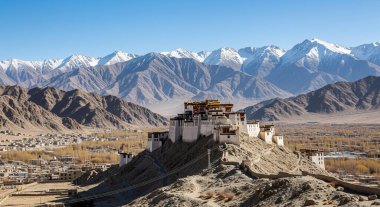 Majestic Thiksey Manastırı, Indus Nehri 'ne bakan bir tepeye tünemiş ve Hindistan' ın Ladakh kentindeki engebeli dağlara yerleşmişti..