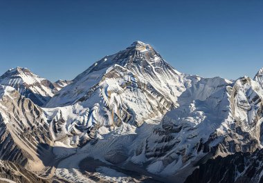 Everest Dağı da dahil olmak üzere Himalaya tepelerinin görkemli hava manzarası geniş buzullar ve engebeli araziler sergiliyor..
