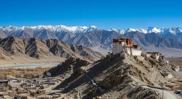 Majestic Thiksey Manastırı, Indus Nehri 'ne bakan bir tepeye tünemiş ve Hindistan' ın Ladakh kentindeki engebeli dağlara yerleşmişti..