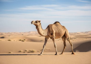 Çöl yaban hayatı ve manzara: Güneşin sıcak ışığı altında yumuşak kumda zarafetle yürüyen bir deve..
