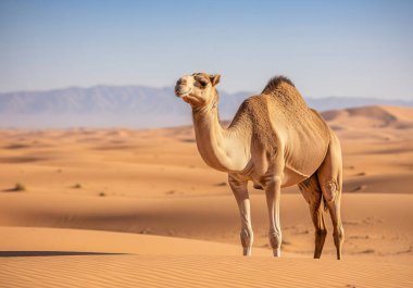 Çöl yaban hayatı ve manzara: Güneşin sıcak ışığı altında yumuşak kumda zarafetle yürüyen bir deve..