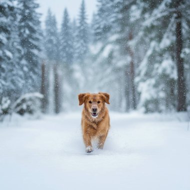 A happy Golden Retriever dog enthusiastically running through deep snow on a path bordered by pine trees during a winter storm.
