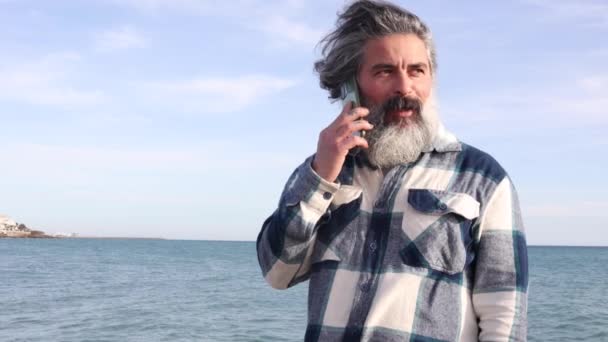 Relaxed Bearded Man Seashore While Talking Phone Middle Aged Man — Stock Video