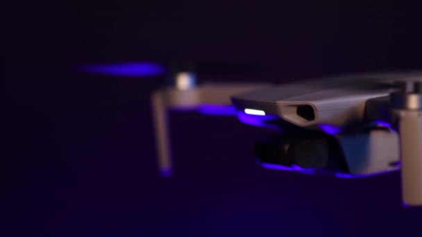 Close Drone Flying Dark Black Background Isolated Lighting — Stockvideo