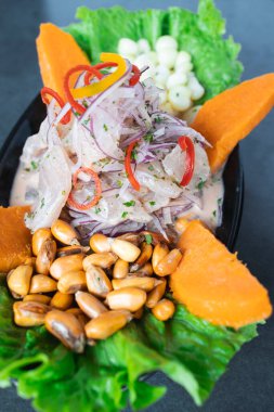 Tipik bir Latin mutfağının yukarısından bak. Peru ceviche 'si.