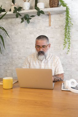 Rahat ev ofisinde dizüstü bilgisayar kullanarak işine konsantre olan olgun bir serbest yazar.