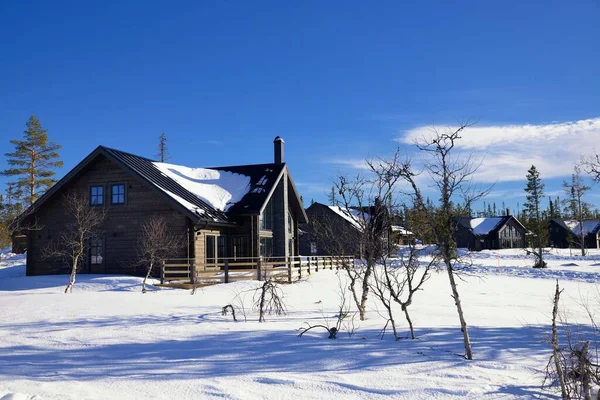 Holzhäuser Zwischen Schneebedeckten Bäumen Storhogna Schweden — Stockfoto