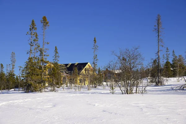 雪に覆われた木々の間の木製のシャレー ストロンナ スウェーデン — ストック写真
